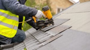 Worker in a reflective vest using a nail gun on a shingled roof