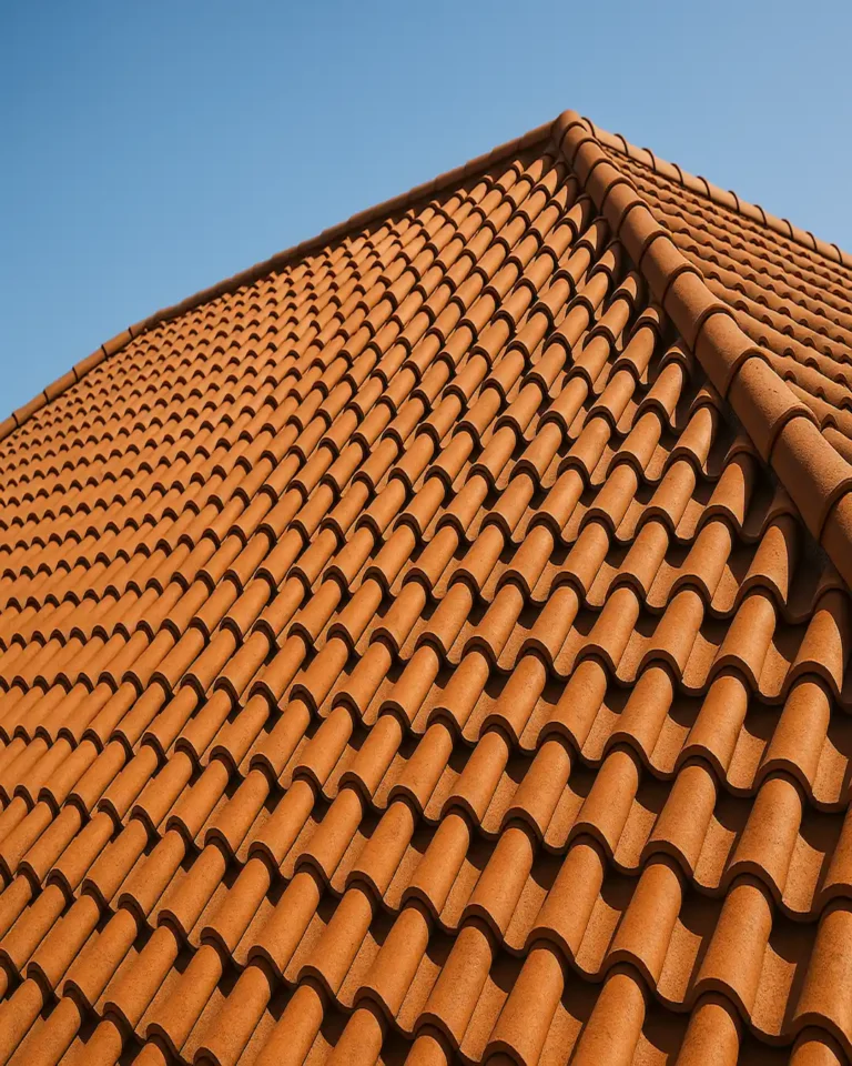 clay tile roof with curved terracotta tiles under a clear blue sky