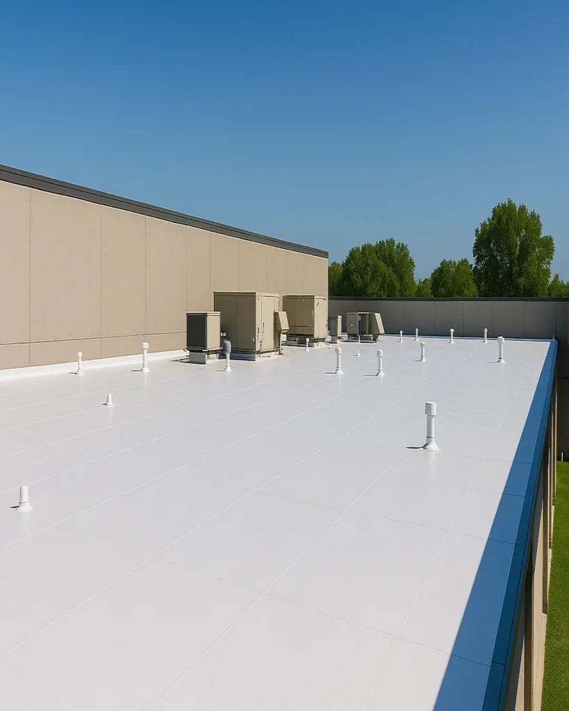 Flat Commercial Roof with White TPO Membrane and HVAC Units