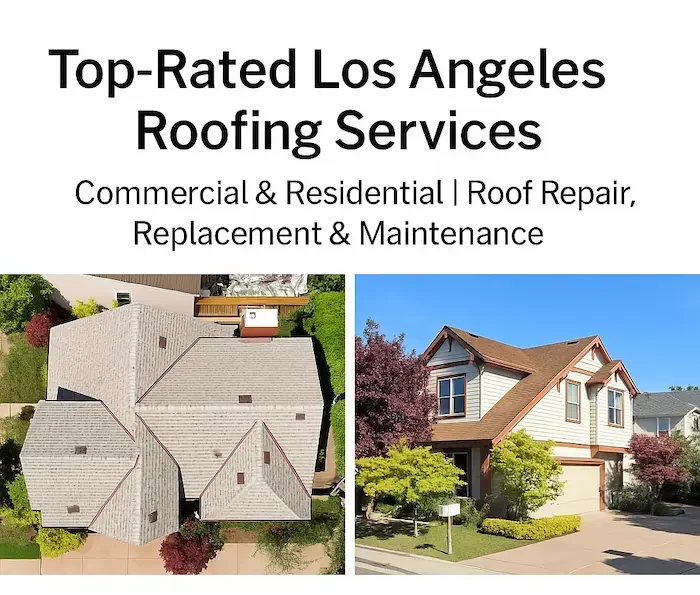 Los Angeles roofing services showing two homes with newly installed roofs—one aerial view of a light-colored shingle roof and one street view of a two-story house with a red-accented roof