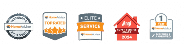 Five service badges including HomeAdvisor and Angi awards like Top Rated and Super Service 2024