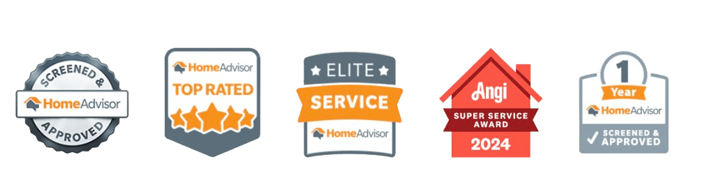 Five service badges including HomeAdvisor and Angi awards like Top Rated and Super Service 2024
