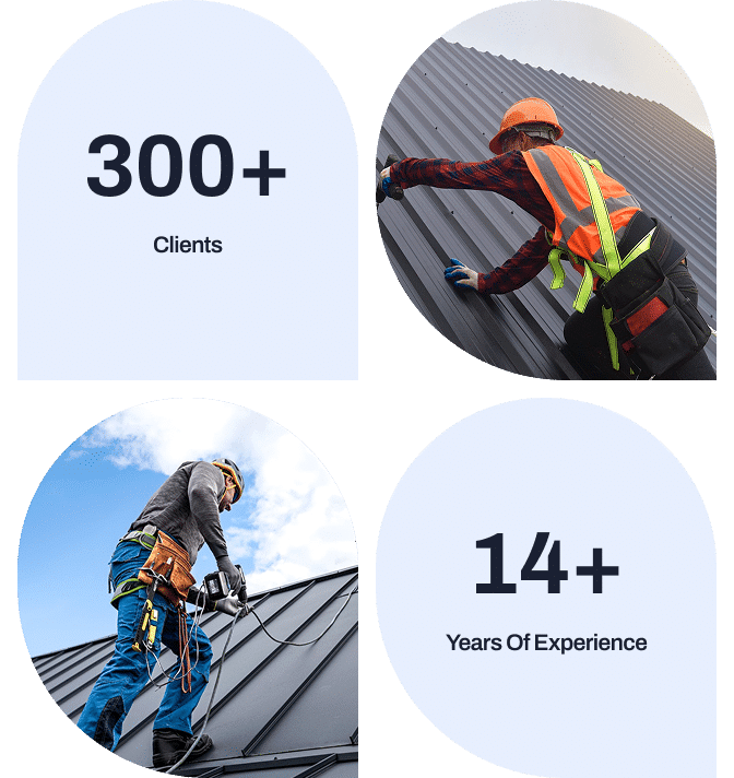 Roofing company image with 2 workers, 300+ clients served, and 14+ years of experience