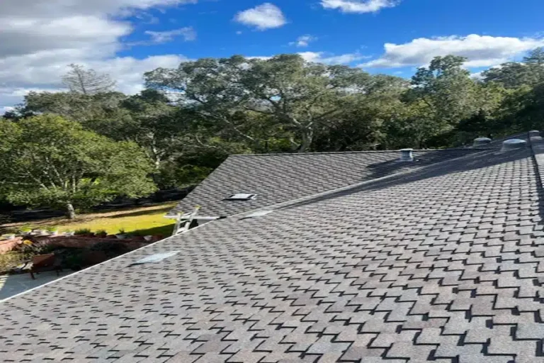 Wide view of newly installed architectural shingle roof with vent pipes and a clear blue sky