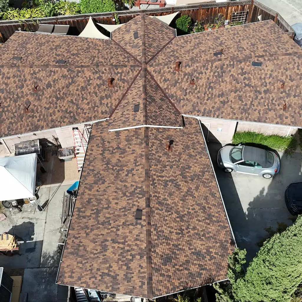 After roof replacement by roofing contractor in San Jose CA with new asphalt shingles installed by Lifetime Roofing & Renovation.