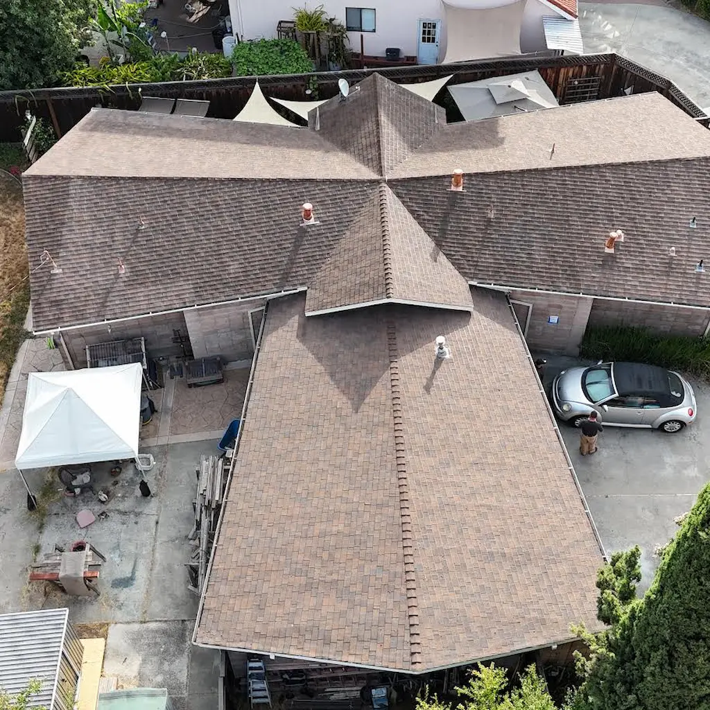 Before roof replacement by roofing contractor in San Jose CA with new asphalt shingles installed by Lifetime Roofing & Renovation.