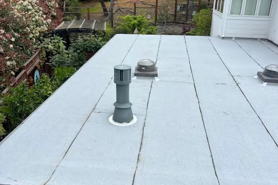 Finished flat roof TPO membrane installation on a Palo Alto home