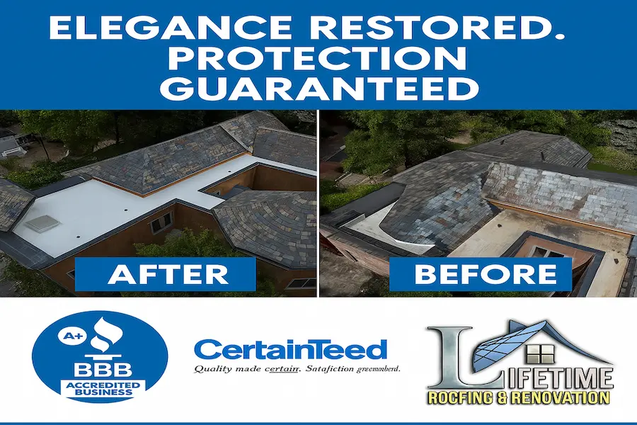 Ariel view of flat roof before and after images