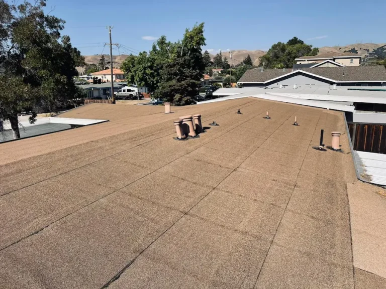 Worn-out flat roof before Polyfresko Torch Down replacement at Fremont