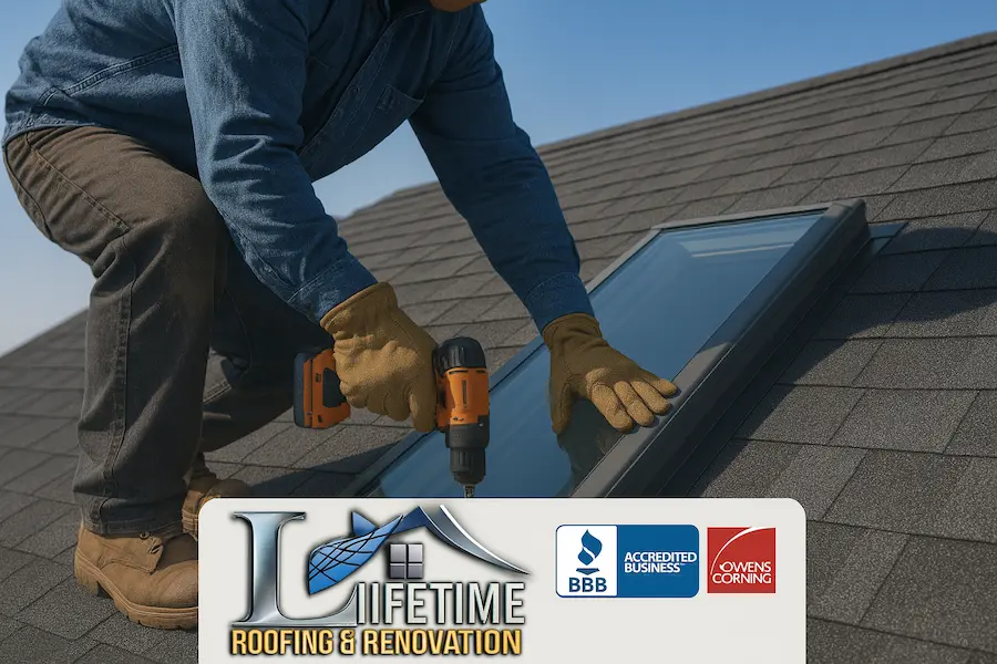 roofer installing a new skylight on shingle roof