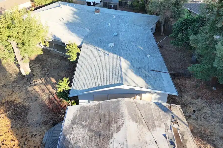 Old deteriorated roof in Saratoga, CA prior to full replacement and cap sheet install