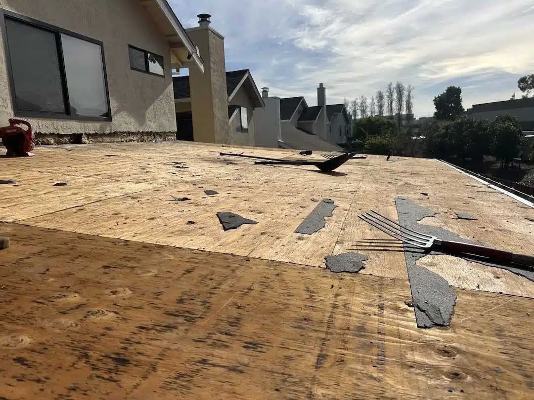 Tear-off down to plywood decking during shingle section re-roof at 1150 Silva Lane, Alameda
