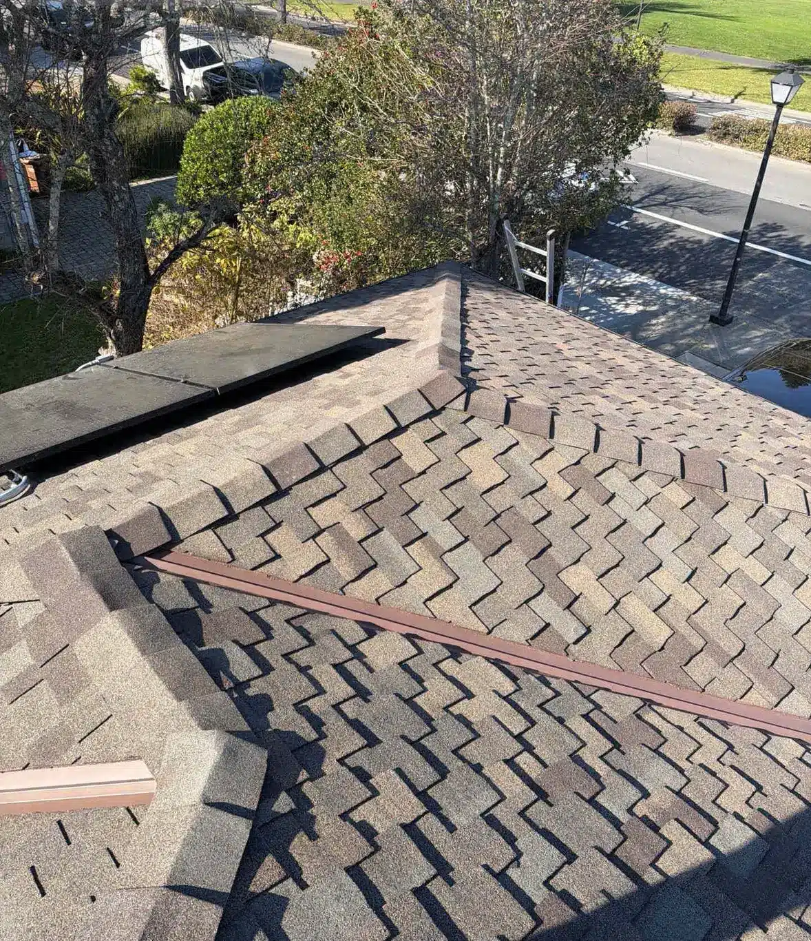 Aerial of the completed dimensional shingle roof replacement in Corte Madera, CA