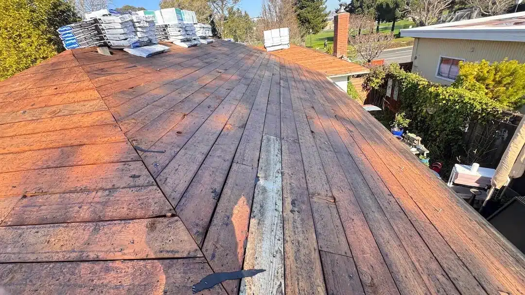 Roof torn down to bare wood decking with new shingle bundles staged during a reroof in Corte Madera, CA