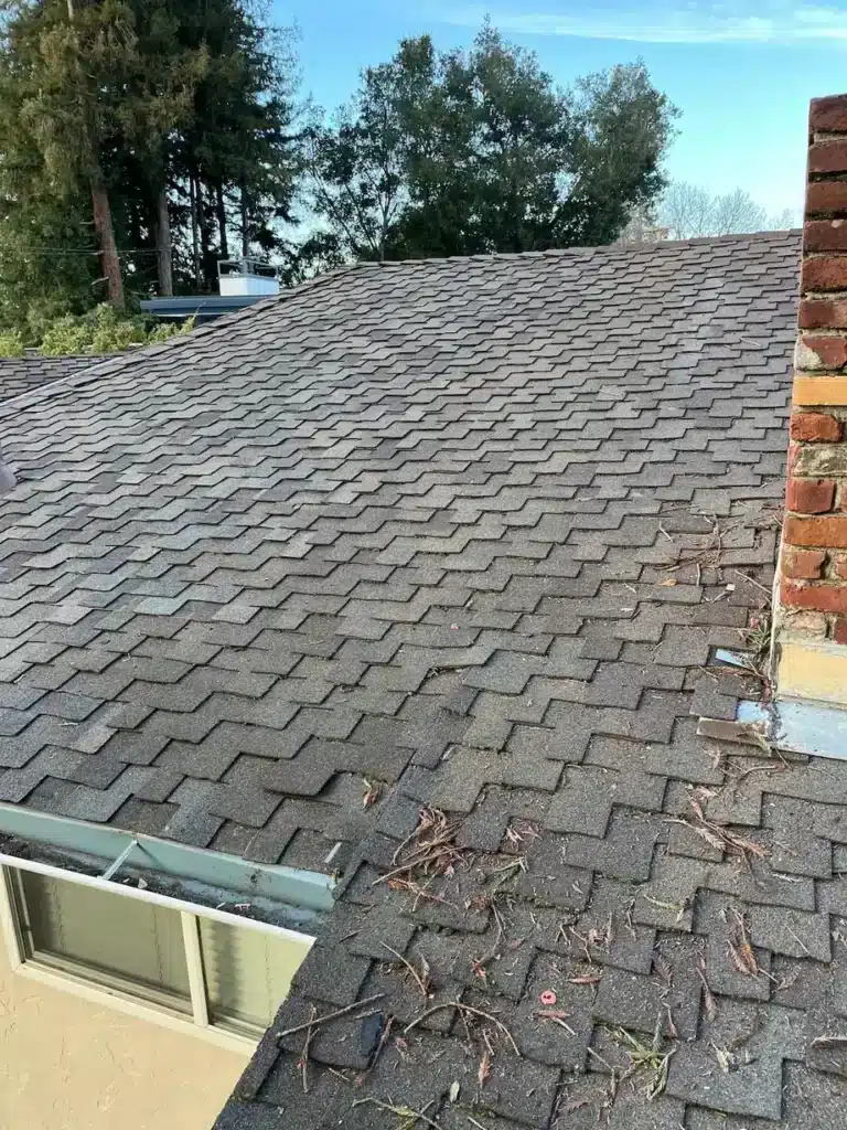 Original roof field left intact alongside the repaired section in Los Altos, CA
