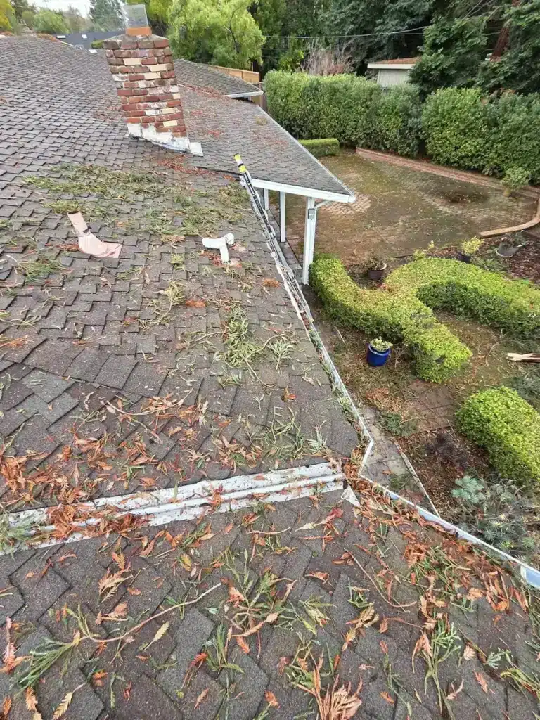 Aging asphalt shingle roof covered in redwood debris with packed gutters before repair in Los Altos, CA