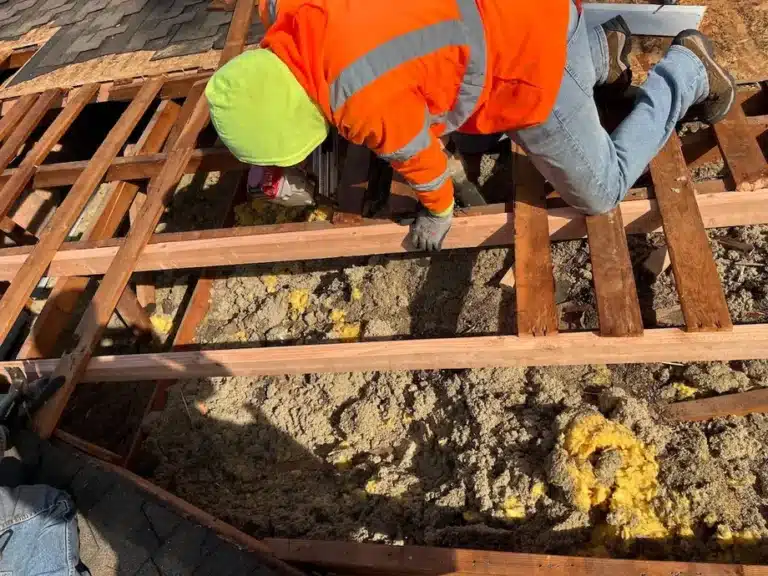 Roofer removing broken battens and damaged decking, exposing original attic insulation during shingle roof repair in Los Altos, CA