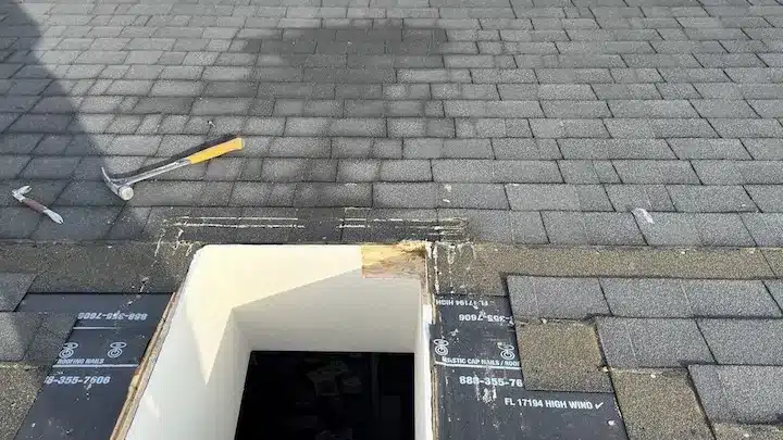 New synthetic underlayment cap-nailed around the skylight opening in Sunnyvale, CA