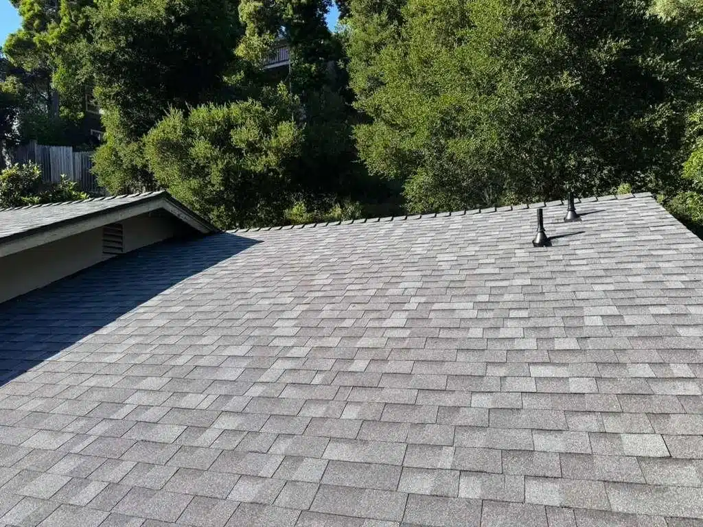 New architectural asphalt shingle roof after full replacement, ridge to eave, in Oakland