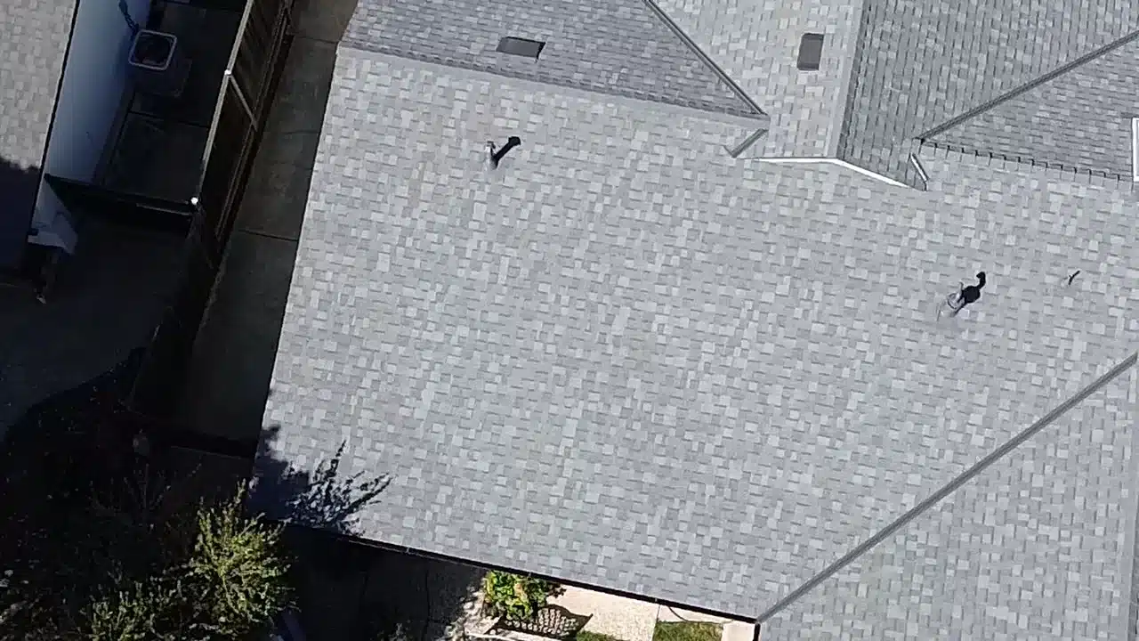 Aerial drone view of the completed shingle roof replacement in Livermore, CA 94550