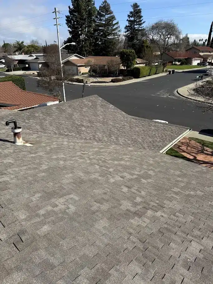 Aging shingle roof over the front slope before reroof in Livermore, CA 94550