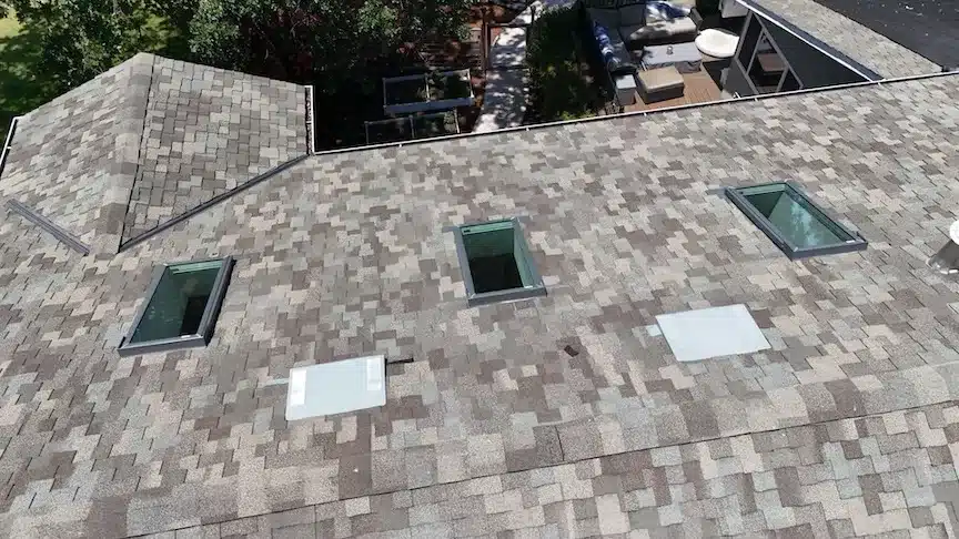 Finished architectural shingle roof with three reset and re-flashed skylights on a Pleasanton, CA home