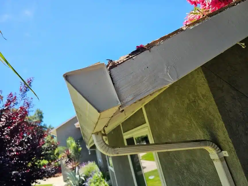 Rotted fascia board and separating eave trim found at the gutter line before the Pleasanton reroof