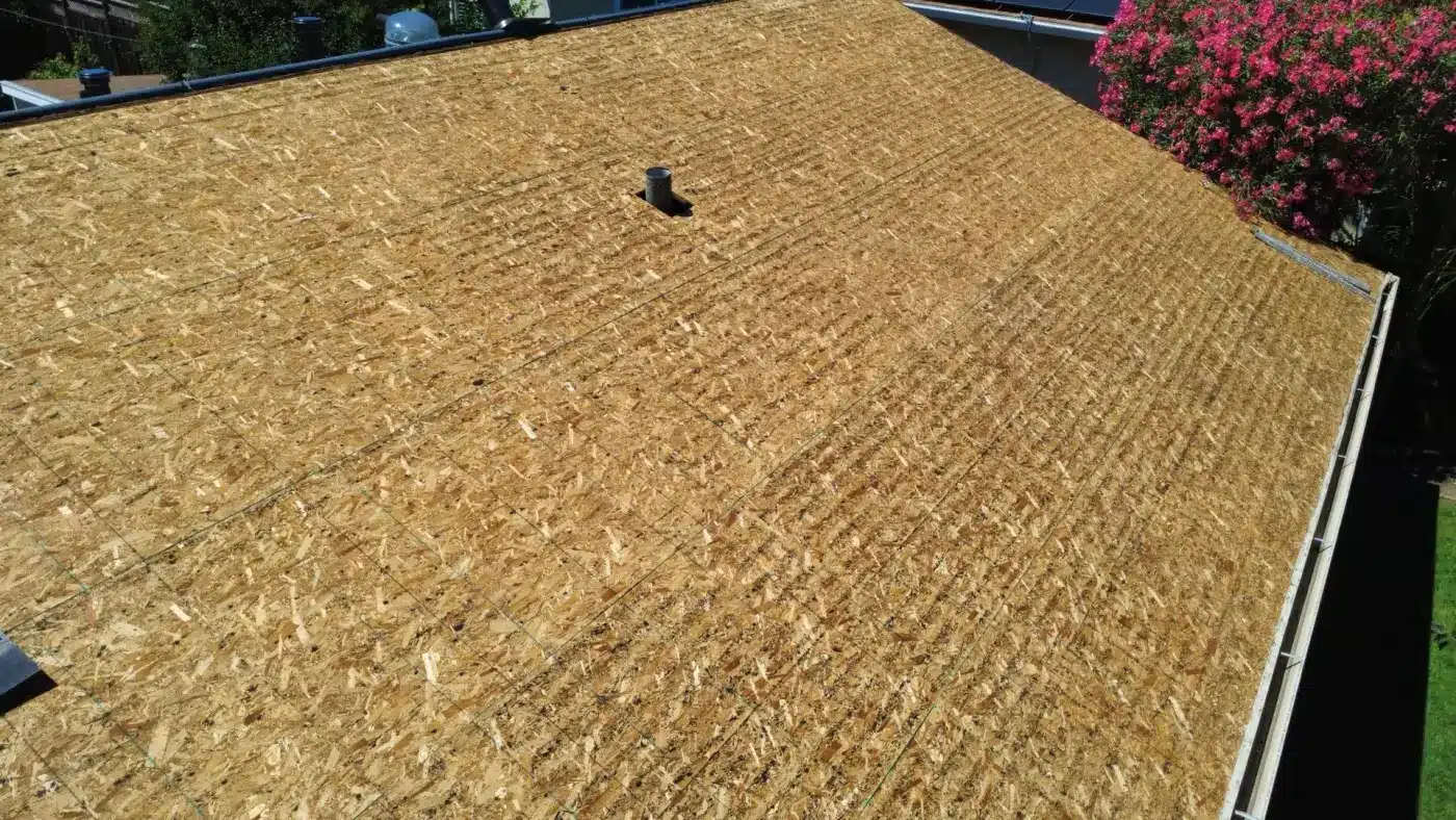 New OSB roof decking installed across a Pleasanton roof after full tear-off