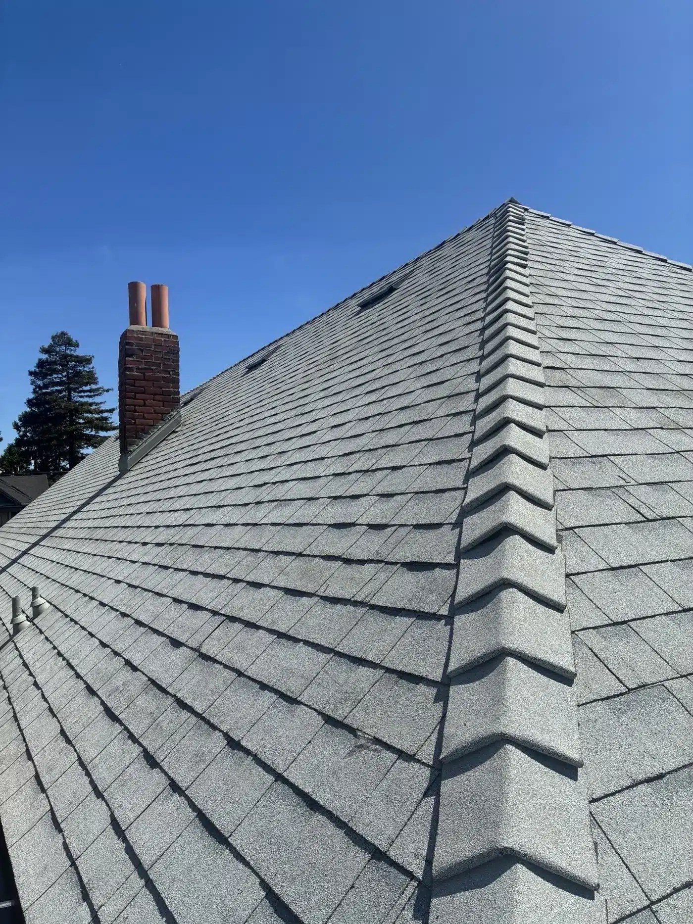 Finished Shasta White architectural shingle roof with hip ridge caps and brick chimney at 1117 Union Street, Alameda CA