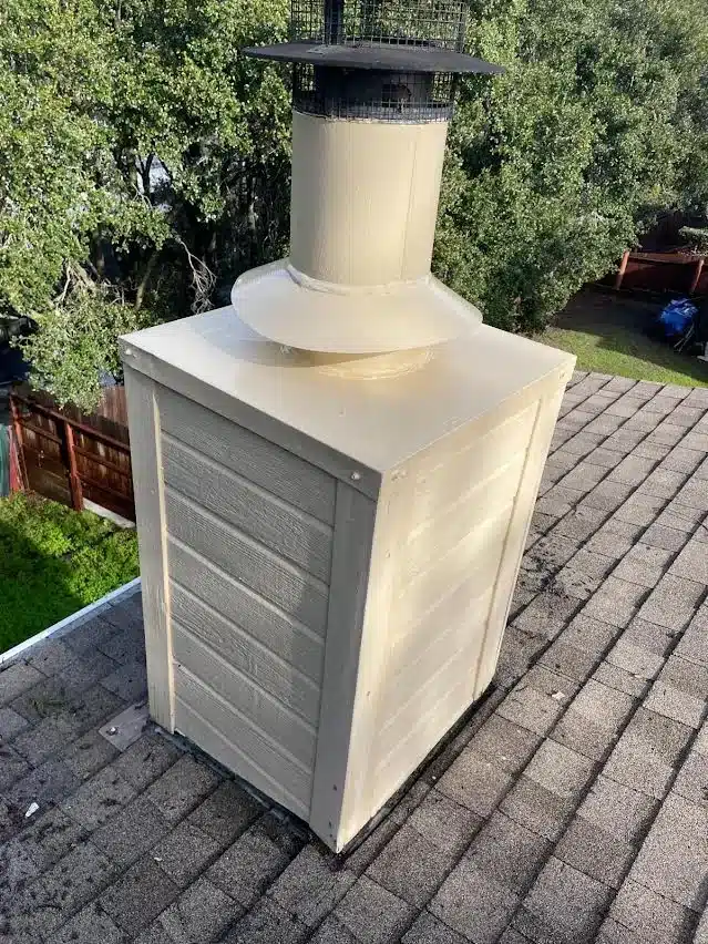 Finished chimney chase in Hayward with a new cap, new storm collar and resealed flashing after the repair