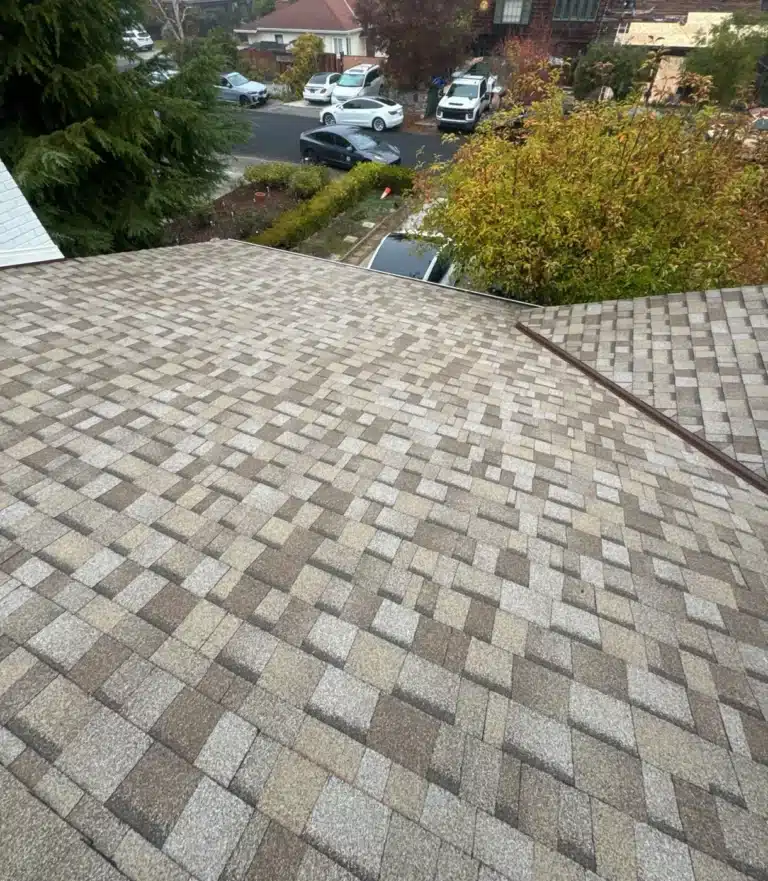 Completed Owens Corning cool-roof shingle roof after cedar shake replacement on Solana Drive in Palo Alto, CA 94306