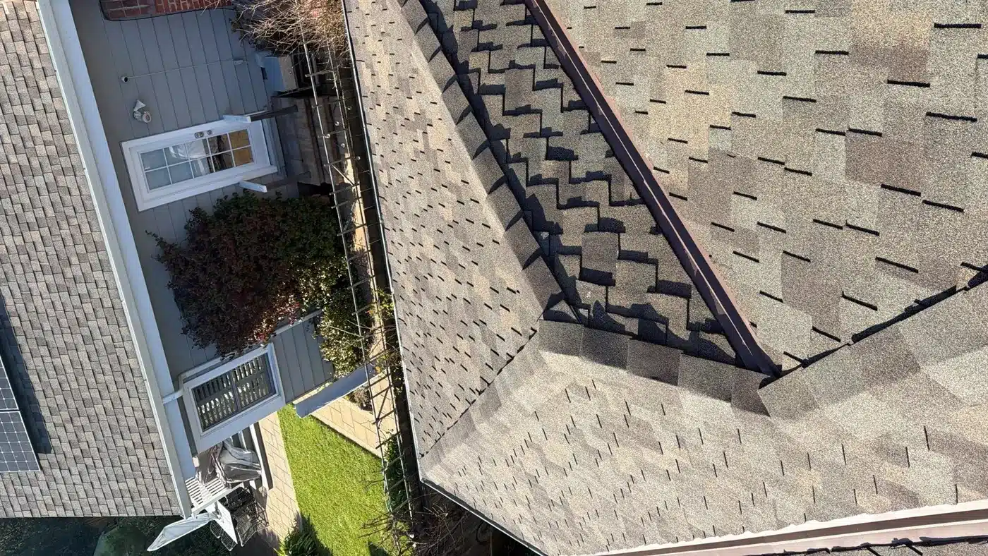 Close-up of CertainTeed Presidential designer shingles and new flashing at the chimney in Corte Madera, CA