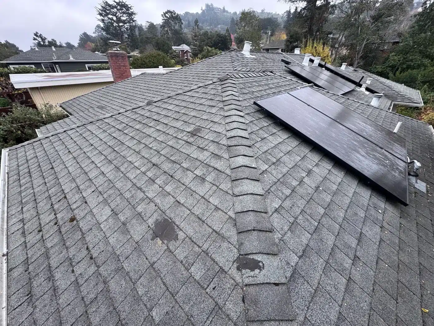 Finished CertainTeed Presidential roof with the solar array reinstalled, Corte Madera, CA