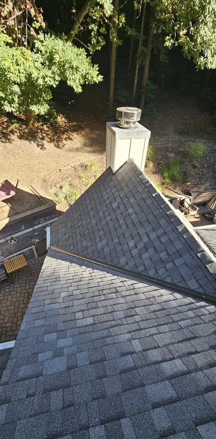 Worn asphalt shingles on a steep roof before replacement in Felton, CA