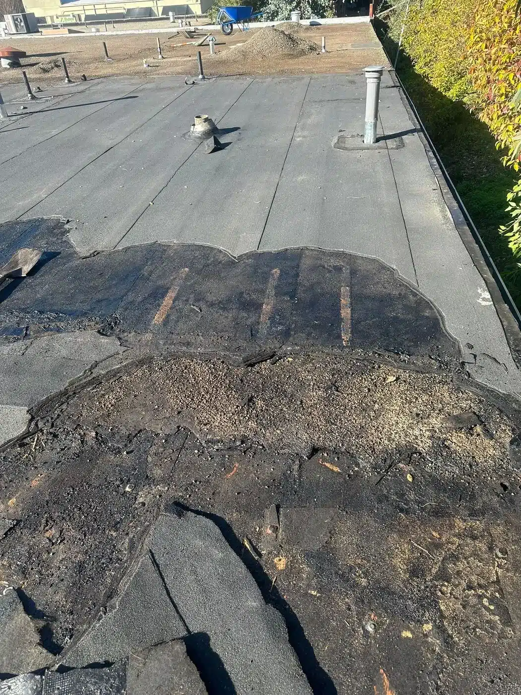 Old roofing layers torn off down to the deck on 4th Street in San Rafael