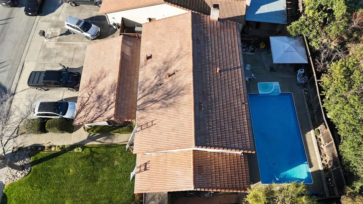 Aerial view of a completed flat tile roof on Cape Hatteras Way in the Berryessa area of San Jose