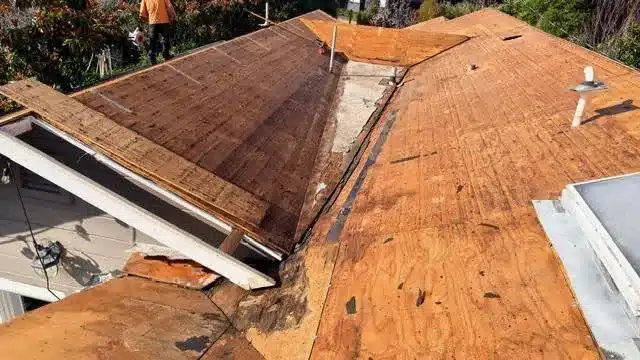 New plywood roof decking installed on a Mill Valley home during roof replacement