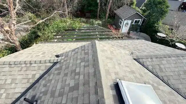New architectural shingle roof with reflashed skylight on a Mill Valley home