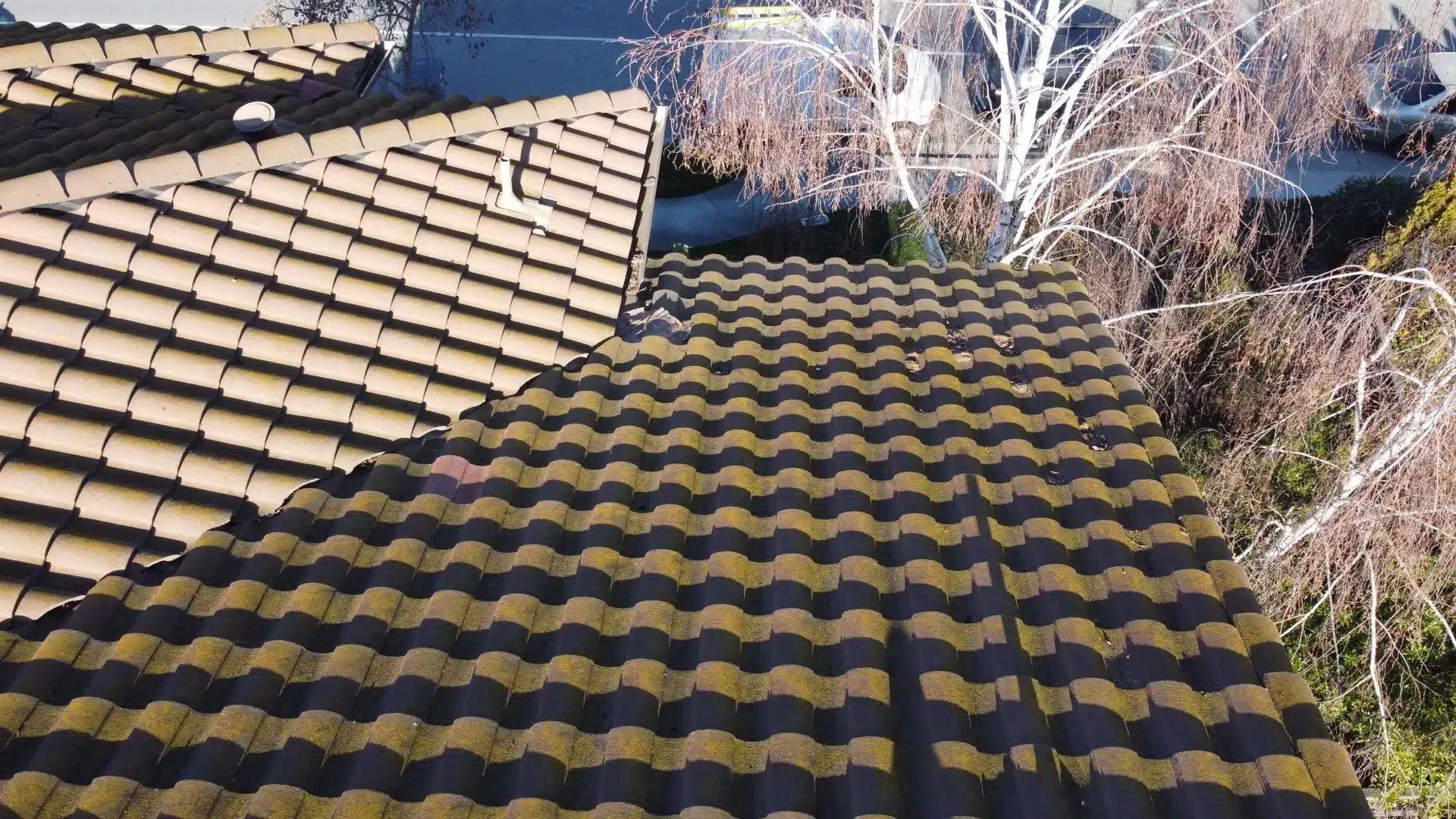 Moss-blackened concrete tile plane meeting a clean tan hip on a Morgan Hill roof before the underlayment replacement