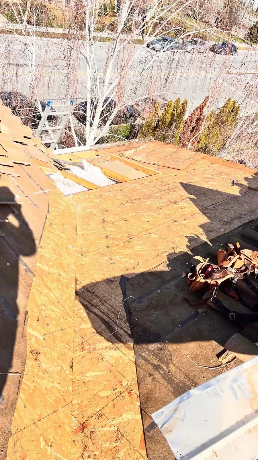 New plywood decking installed on a Morgan Hill tile roof after the damaged sheathing was cut out