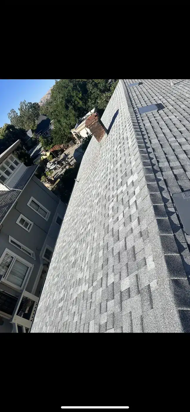 Steep new architectural shingle roof on North 10th Street in downtown San Jose