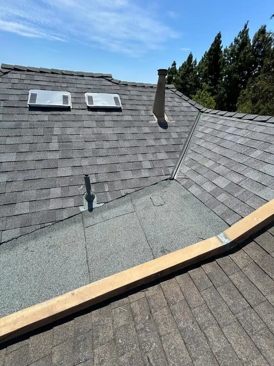 New shingle roof with skylights after replacement on Creekside Lane in San Mateo