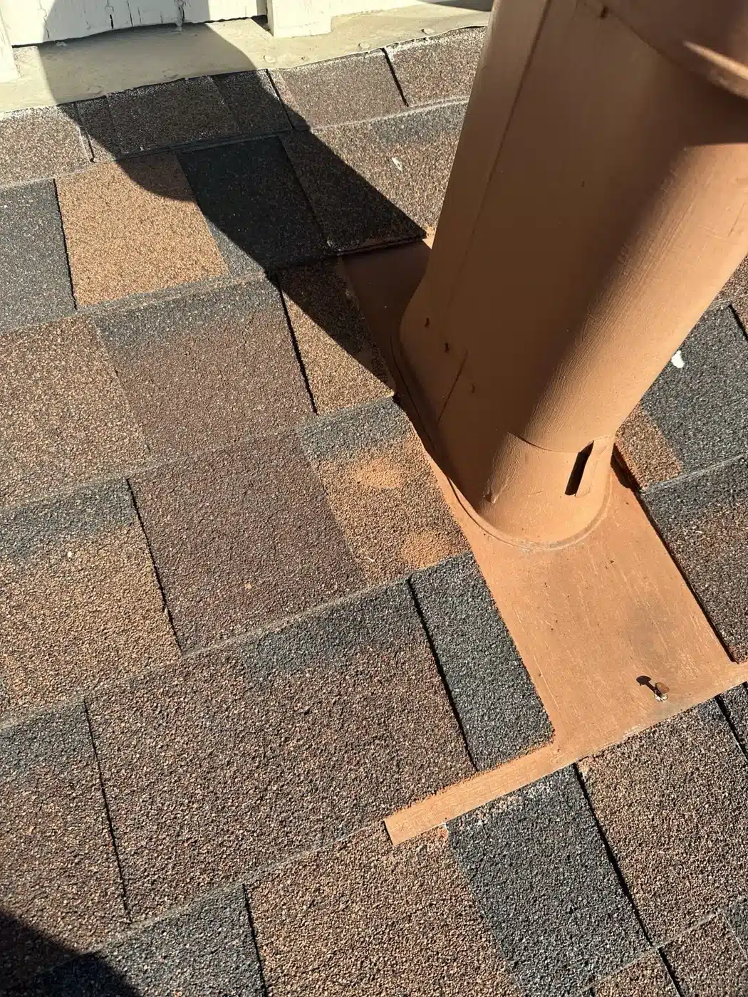 Rusted vent flue and worn shingles found during roof inspection in Mountain View, CA