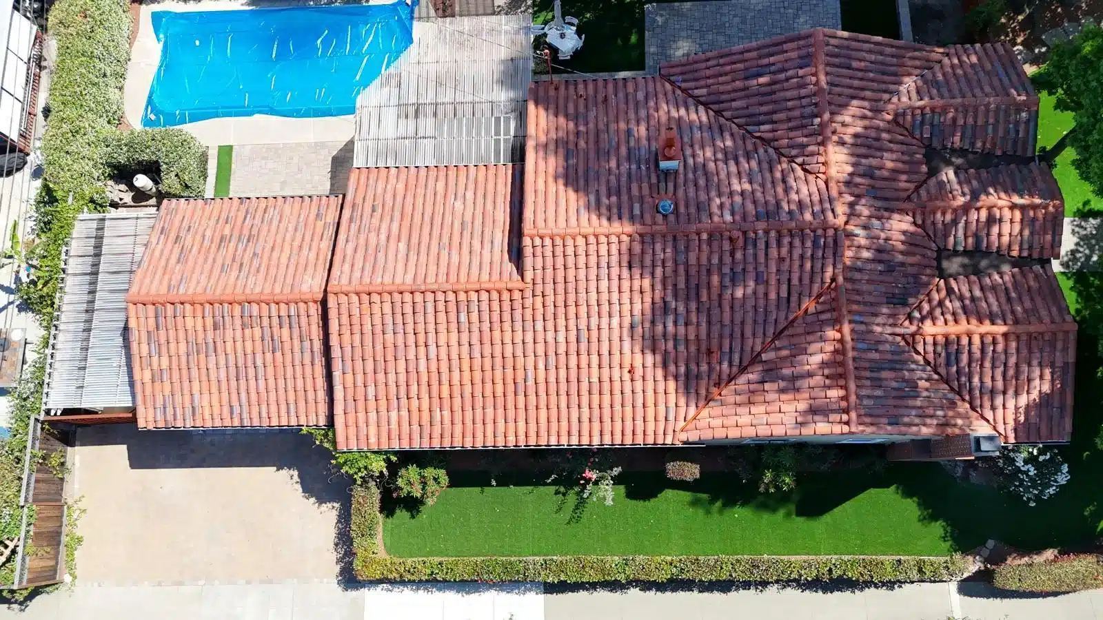 Wide aerial of the finished clay tile roof across the main house and wing at 1402 Clarita Avenue, San Jose CA