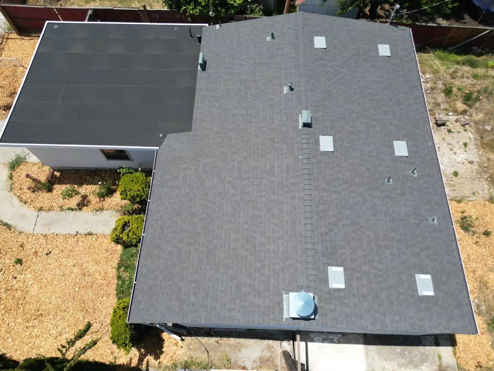 Overhead view of the completed two-system roof at Maxine Ave, San Mateo