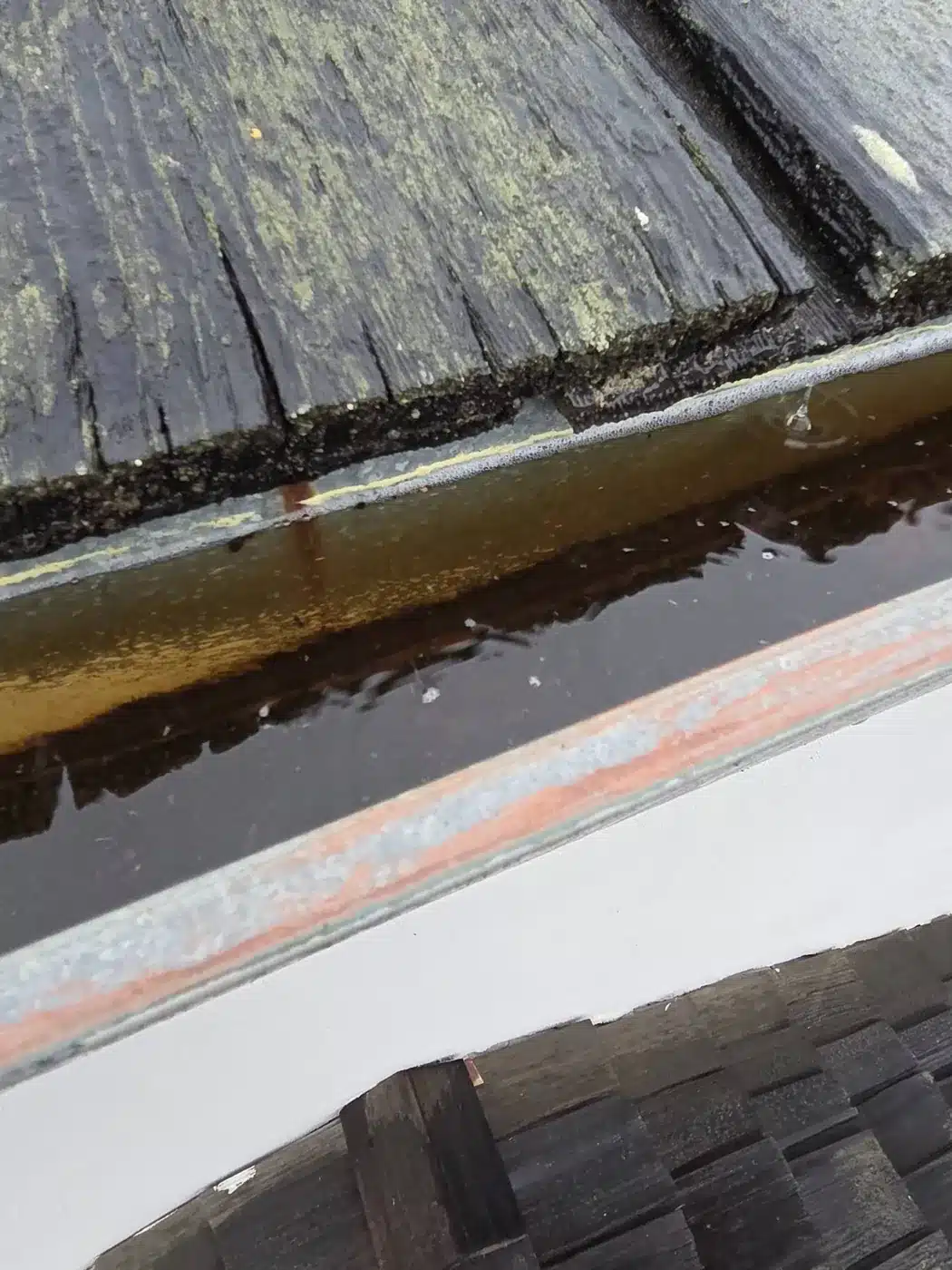 Standing water pooled in a gutter on a failing cedar shake roof in Palo Alto, CA