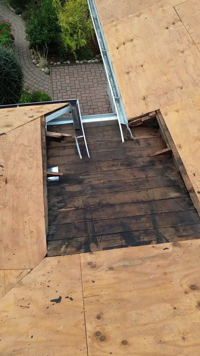 Dark water-stained roof decking discovered during tear-off before replacement in Mountain View, CA