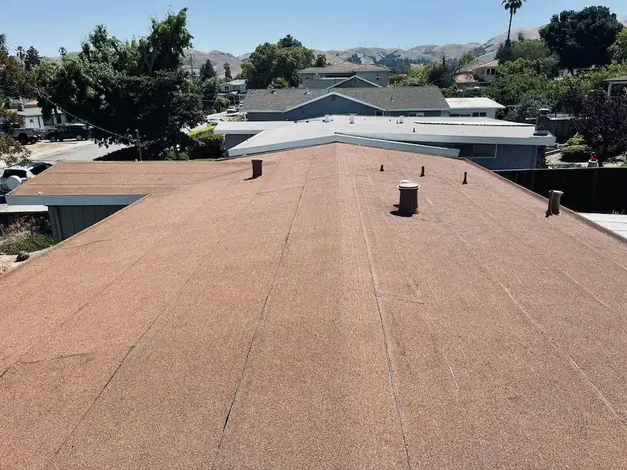Newly installed buff-colored Polyfresko Torch Down flat roof in Fremont