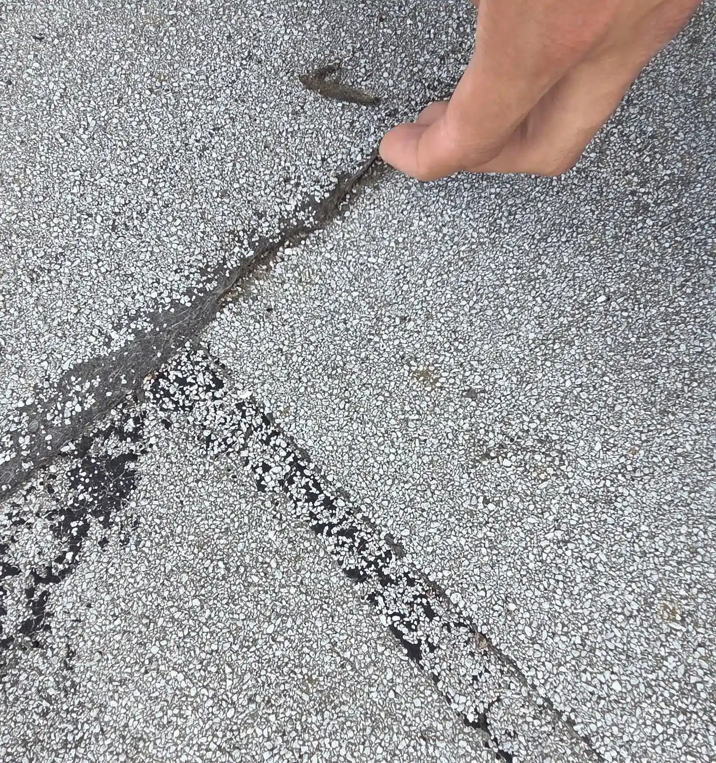 Split seam in the old granulated cap sheet of a commercial flat roof in Rodeo CA, found at the pre-job inspection