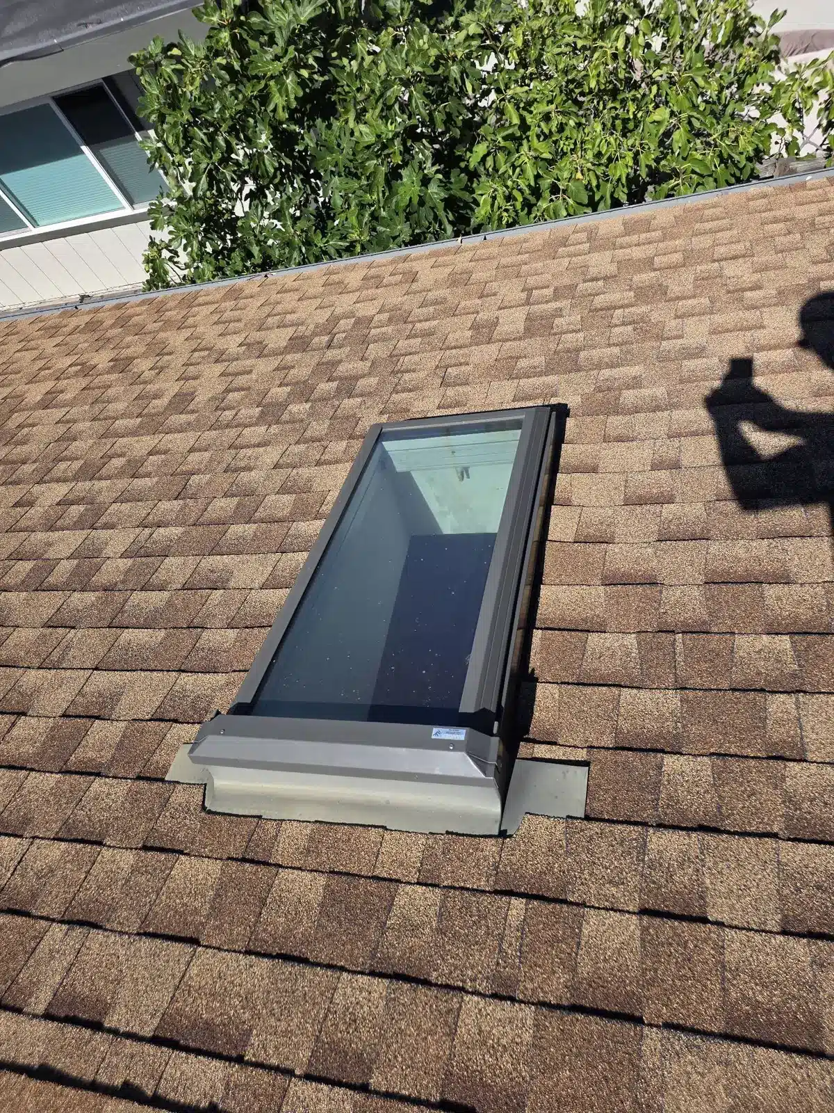 Original skylight set in worn asphalt shingles on the Pleasant Hill roof before replacement